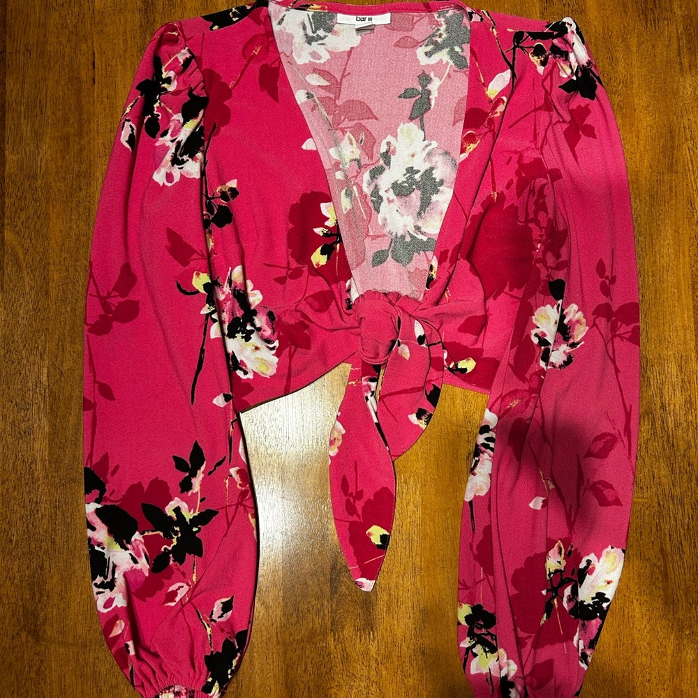 Bar III Pink Floral Blouse with Tie Detail